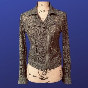 BEBE Embroidered Lace Biker Moto Jacket, OLIVE, Women’s Size 6, NWOT